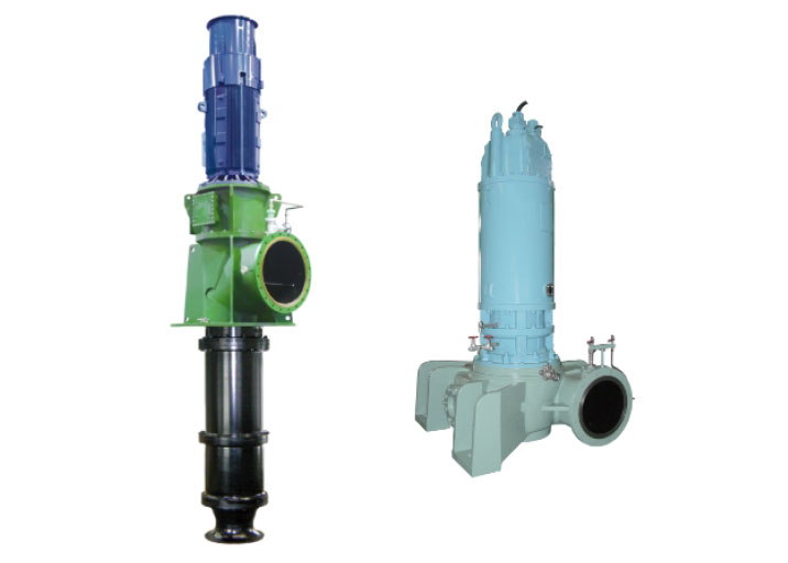 左：立軸（斜流/軸流）ポンプ、右：立軸渦巻斜流ポンプ